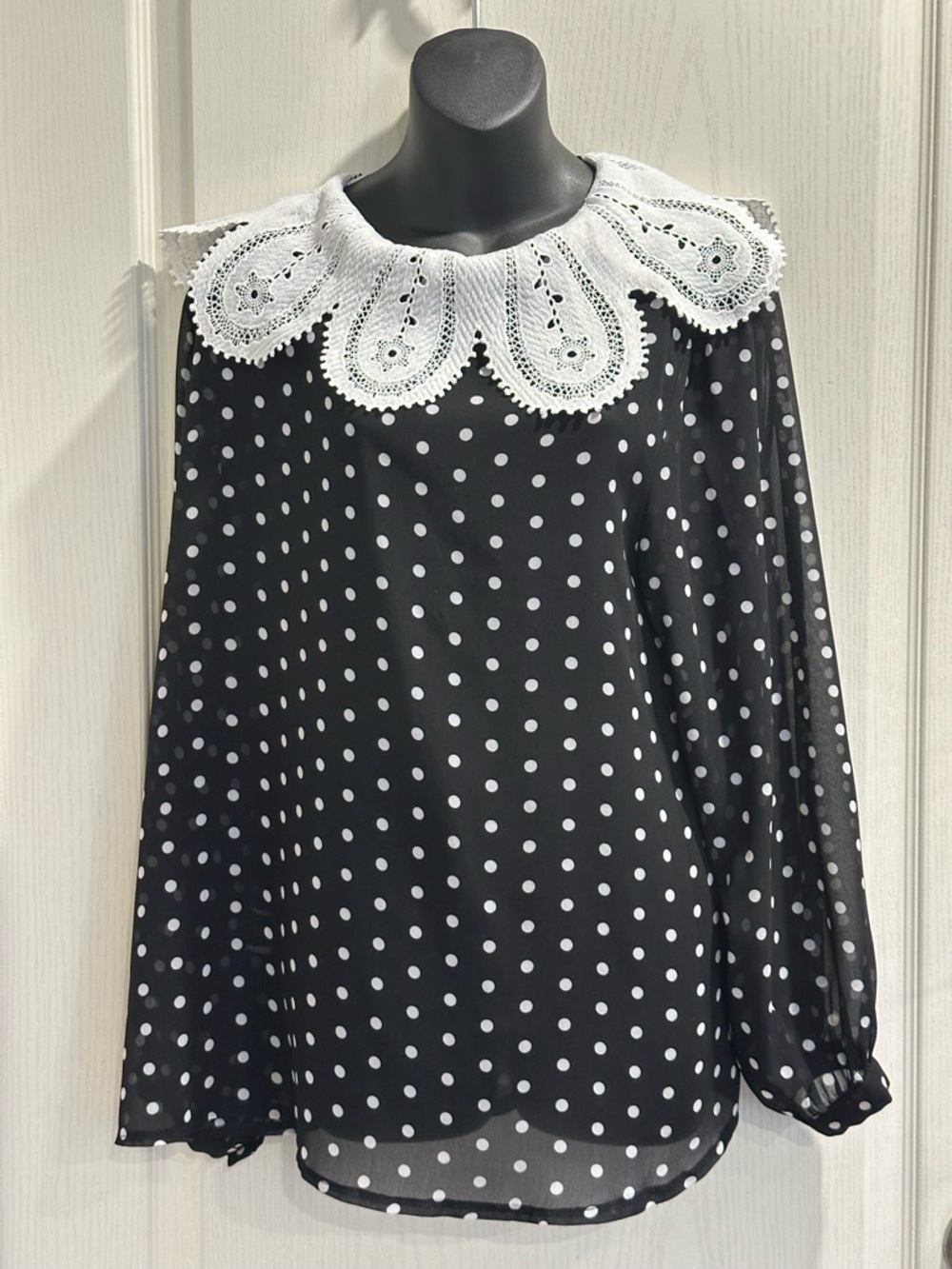 Coquette Sheer Black Polka Dot Blouse with White Lace Collar XL